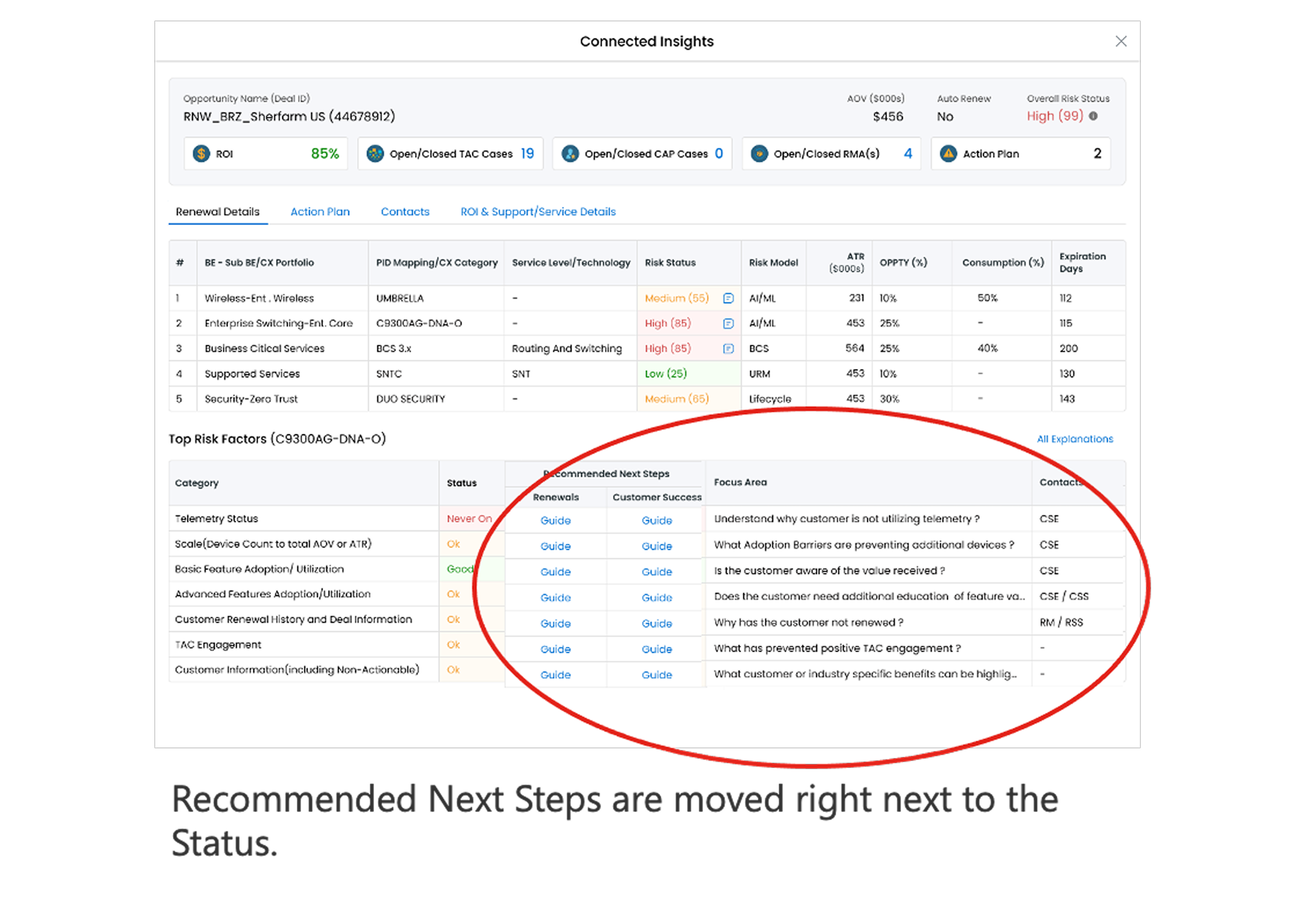 Recommended Next Steps moved directly next to Status in Connected Insights
