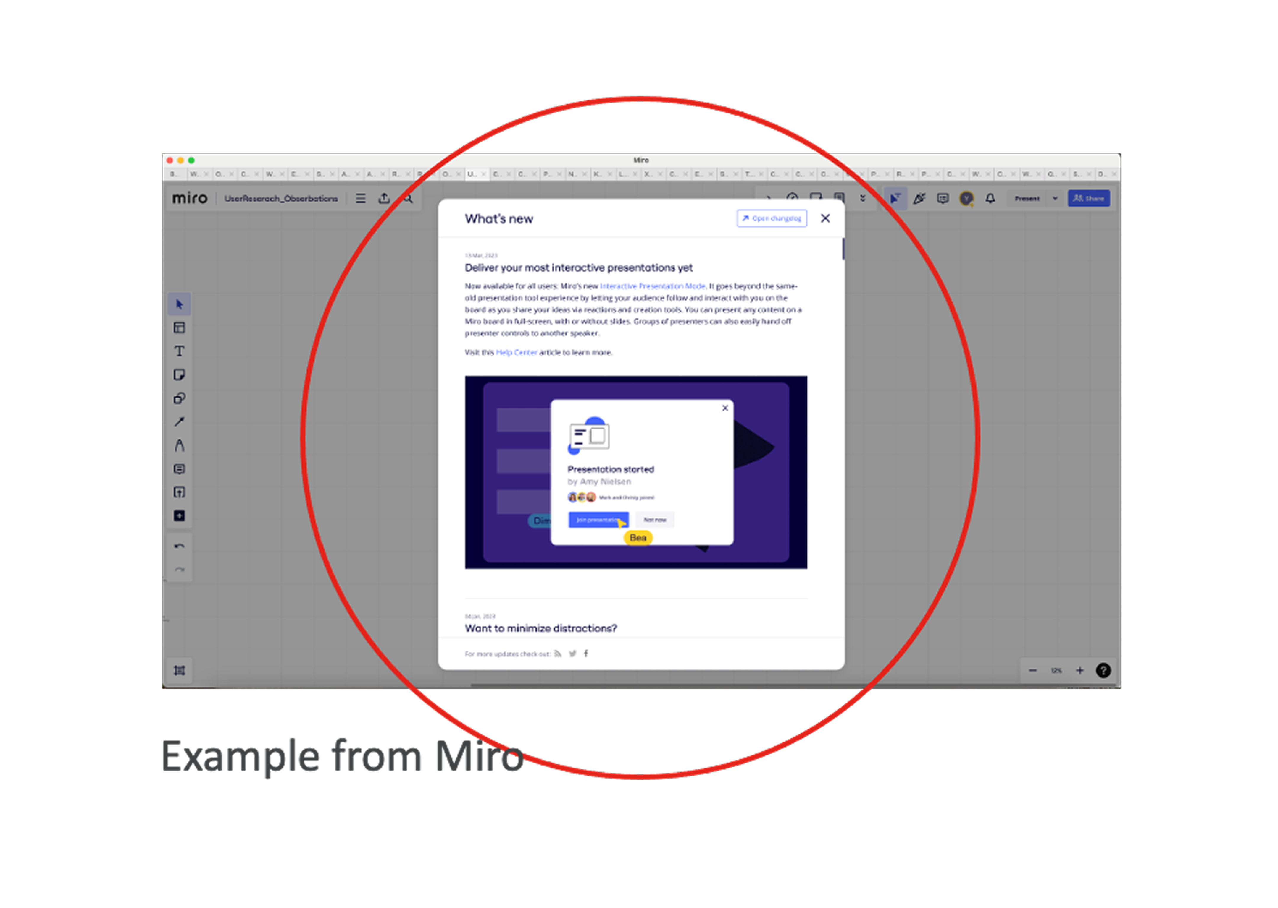 What's New onboarding popup pattern, referencing Miro's approach