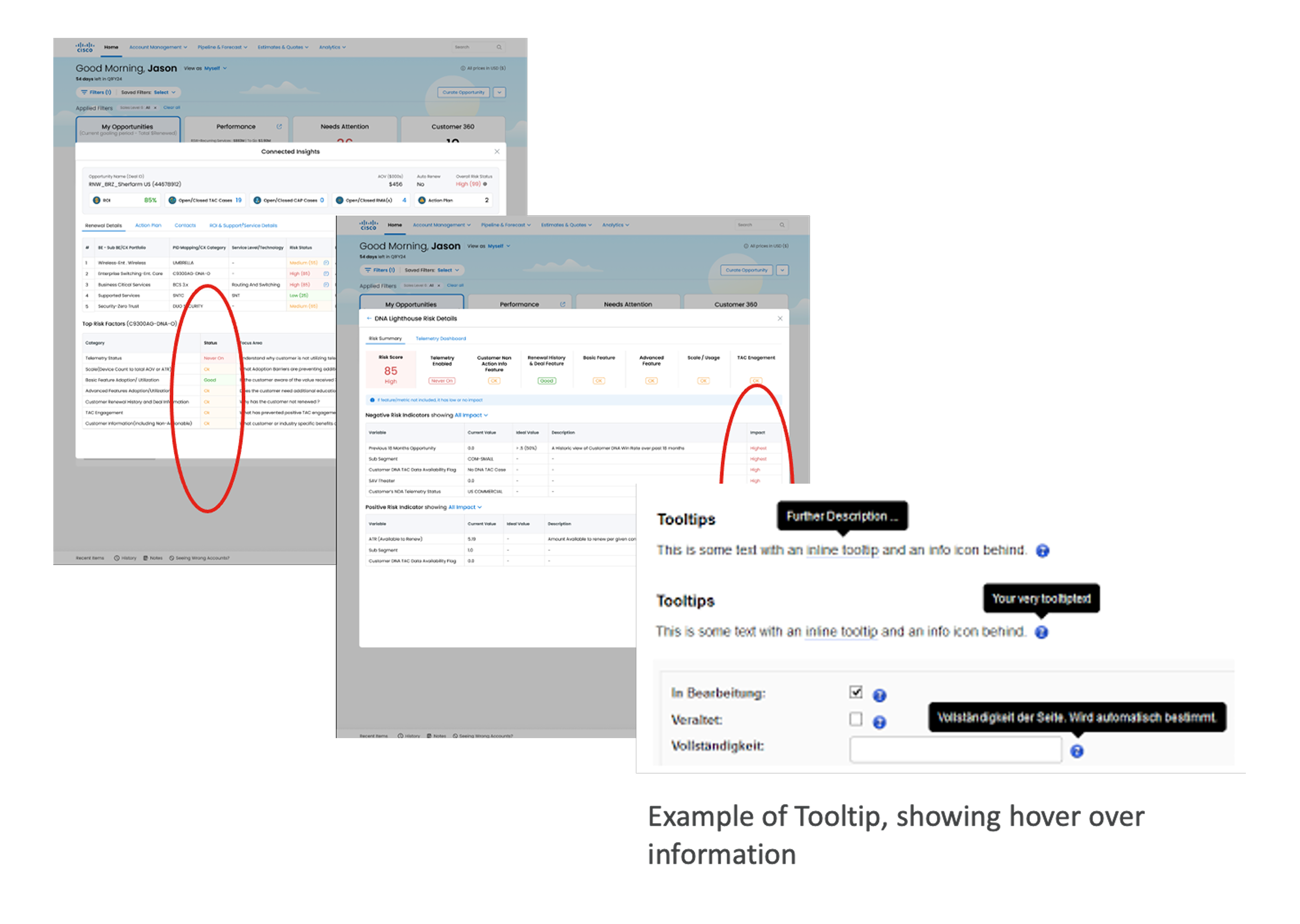 Inline tooltips and hover-states explaining terminology