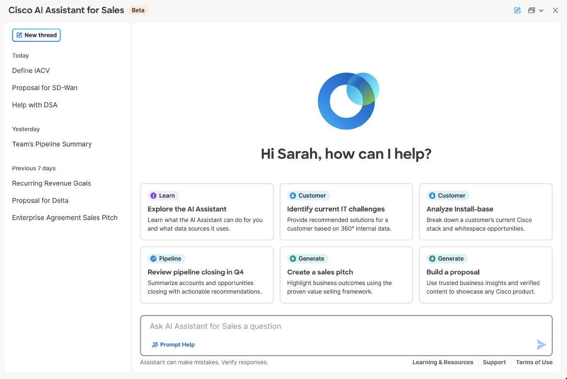 Cisco AI Assistant for Sales Beta home screen